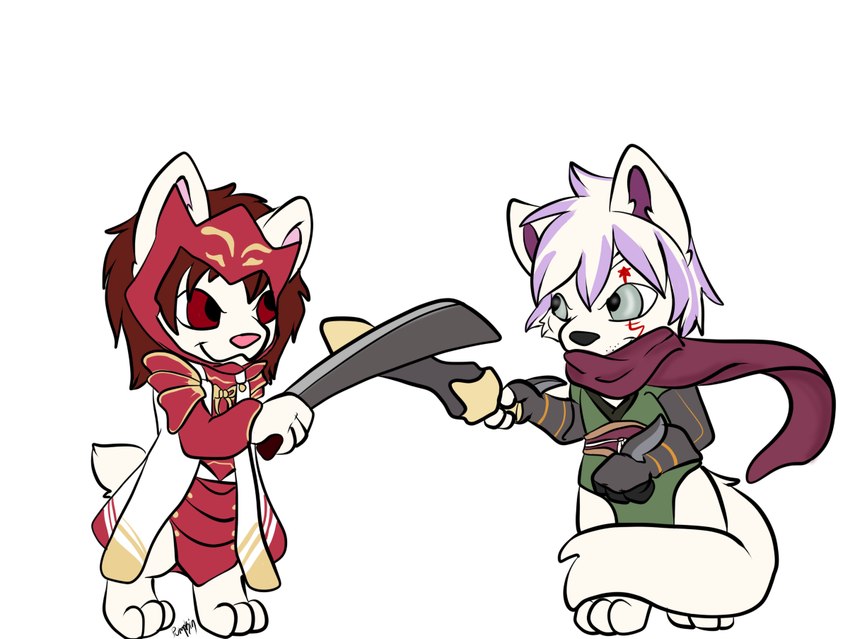 anthro armor brown_eyes brown_hair cosplay duo facial_markings hair head_markings male markings melee_weapon scarf simple_background sword weapon white_background white_body white_hair pumpkin_(artist) fire_emblem fire_emblem_fates nintendo allen_(allengsdexorcist) fuyu_graycen canid canine canis domestic_dog german_shepherd herding_dog hybrid mammal pastoral_dog 2017 digital_media_(artwork) signature