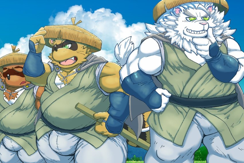 anthro asian_clothing belly big_belly bottomwear brown_body brown_fur bulge clothing cloud detailed_background east_asian_clothing eyes_closed fur green_eyes group hat headgear headwear japanese_clothing kemono male muscular muscular_male outside overweight overweight_male pants trio weapon white_body white_fur rockmai3 sengoku_puzzle shadow_ieyasu tokugawa_ieyasu canid canine felid lion mammal pantherine raccoon_dog tanuki 2023 3:2