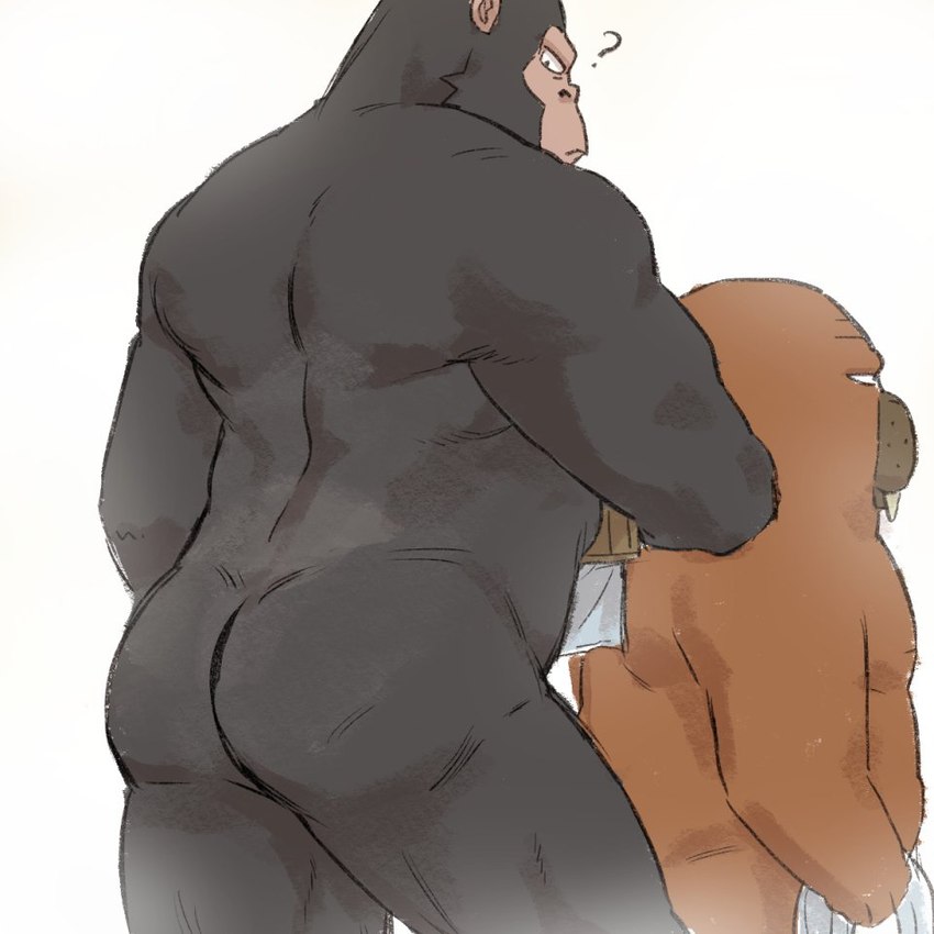 anthro butt duo looking_back male muscular muscular_male nude overweight overweight_male simple_background towel butu_z odd_taxi ayumu_gouriki_(odd_taxi) hiroshi_odokawa_(odd_taxi) ape gorilla haplorhine mammal marine pinniped primate walrus 1:1