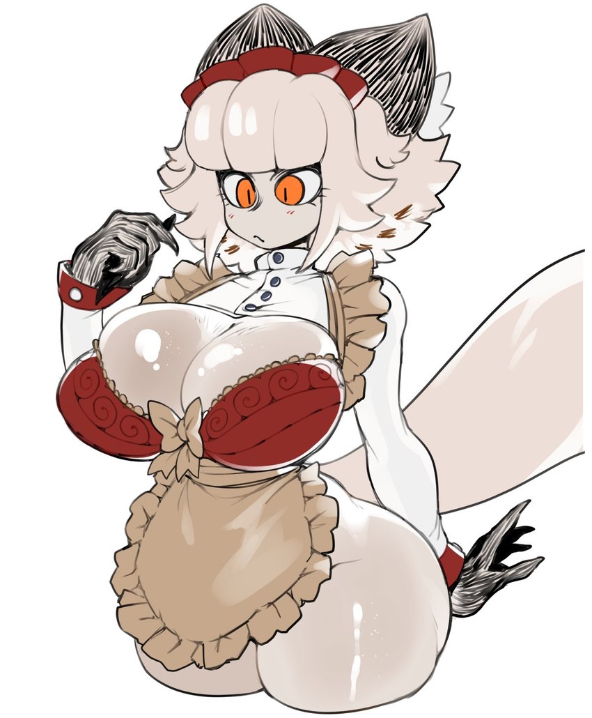 anthro big_breasts blush blush_lines breasts cleavage clothed clothing female fur hair huge_breasts huge_thighs orange_eyes simple_background solo standing thick_thighs white_body white_fur white_hair wide_hips cibastion catmaid_(cibastion) domestic_cat felid feline felis mammal hi_res