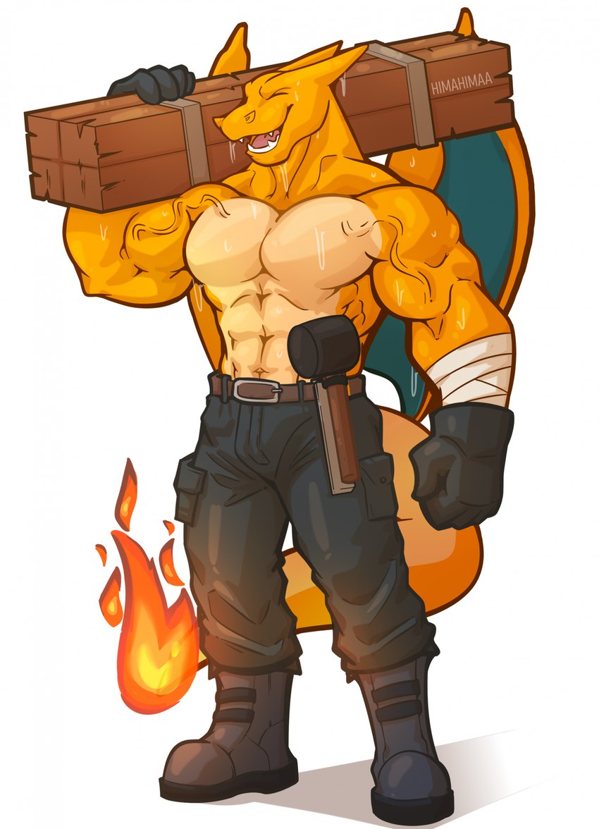 abs anthro barazoku biceps big_muscles bodily_fluids boots bottomwear clothing eyes_closed fire flaming_tail footwear gloves hammer handwear male muscular muscular_male orange_body pants pecs shirtless shoes showing_teeth smile solo sweat sweatdrop sweaty_body tail tools vein veiny_muscles wings wood working himahimaa mythology nintendo pokemon charizard dragon generation_1_pokemon mythological_creature mythological_scalie pokemon_(species) scalie hi_res