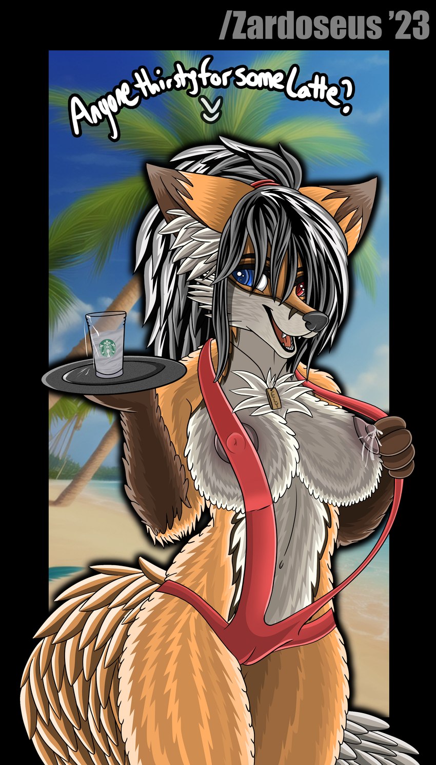 anthro areola beach beverage big_breasts bikini black_hair bodily_fluids breast_milking breasts camel_toe claws clothed clothing container cup female fluffy fluffy_tail fur hair heterochromia holding_container holding_cup holding_object huge_breasts jewelry lactating milk milk_container necklace nipples open_mouth outside palm_tree plant projectile_lactation red_eyes revealing_breasts seaside sky smile solo swimwear tail text thick_thighs tray tree tuft two-piece_swimsuit water white_body white_fur white_hair wide_hips zardoseus i_mean_breast_milk starbucks elizabeth_fox canid canine fox mammal absurd_res digital_media_(artwork) english_text hi_res meme shaded