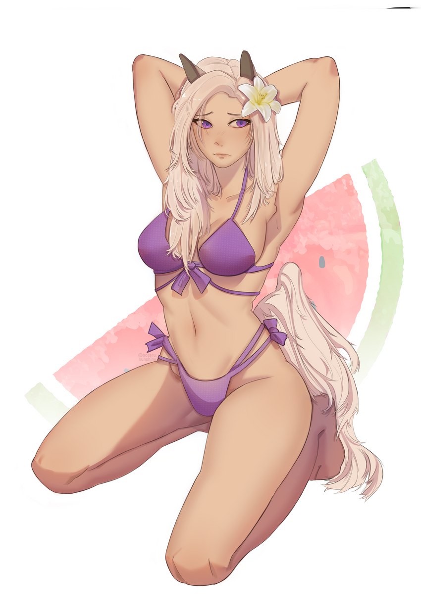 accessory bikini blonde_hair clothing female flower flower_in_hair food fruit hair hair_accessory horse_ears horse_tail kneeling looking_away melon plant pose purple_eyes simple_background solo stretching swimwear tail two-piece_swimsuit watermelon yellow_tail hotarusunshine mary_(bloopertrooper) animal_humanoid equid equid_humanoid equine equine_humanoid horse horse_humanoid humanoid icelandic_horse mammal mammal_humanoid absurd_res hi_res