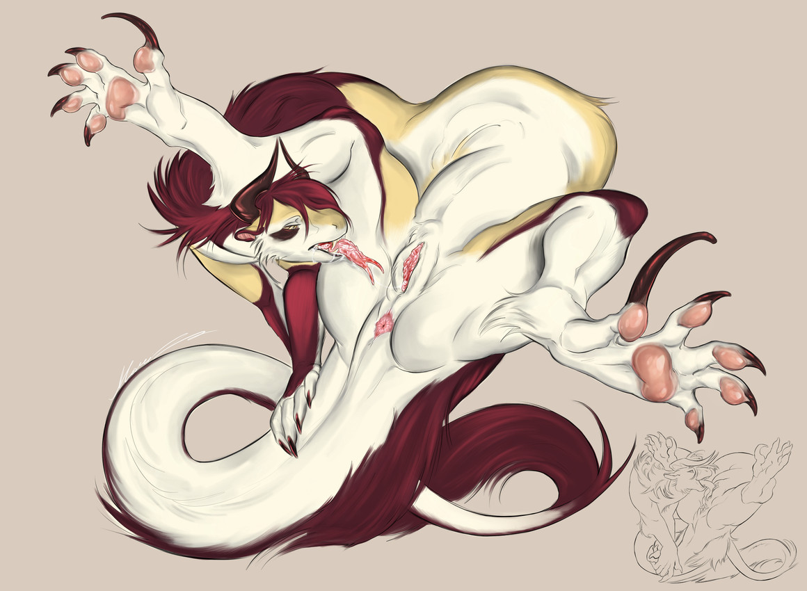 5_fingers bodily_fluids claws feet female feral fingers flexible fur genitals hair long_body long_hair open_mouth outside pawpads paws solo tail teeth toes urui white_body marik45 niroo mythology mammal mythological_creature absurd_res hi_res