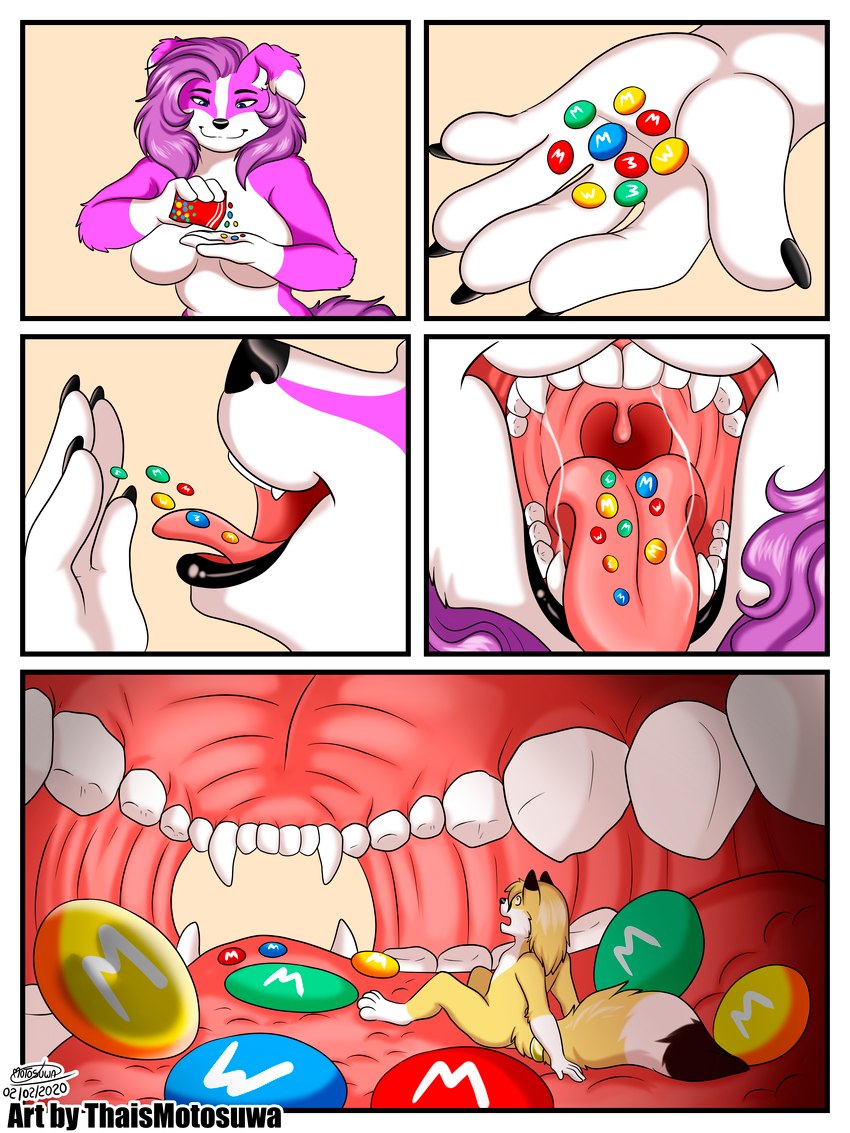 anthro anthro_pred bodily_fluids candy comic_panel dessert duo extreme_size_difference female female_pred food male male/female micro mouth_shot open_mouth saliva size_difference teeth tongue tongue_out uvula vore conditional_dnp thaismotosuwa m&m's mars_incorporated canid canine canis domestic_dog fox mammal 2020 3:4 absurd_res comic hi_res