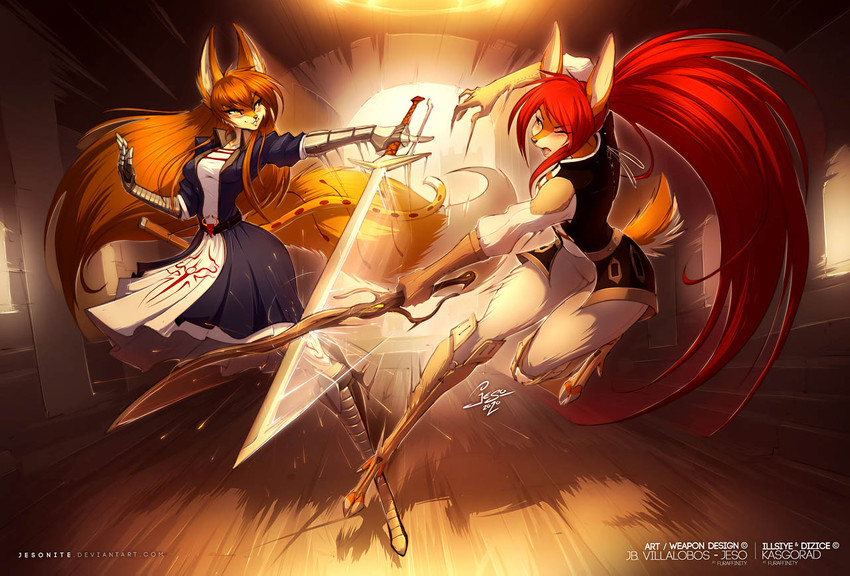 alternative_fashion anthro armor blush clothed clothing duo female fight fully_clothed gauntlets gloves handwear hooves j-fashion lolita_(fashion) melee_weapon motion_lines pirate_lolita sparks sword text weapon jesonite canid canine deer fox mammal english_text