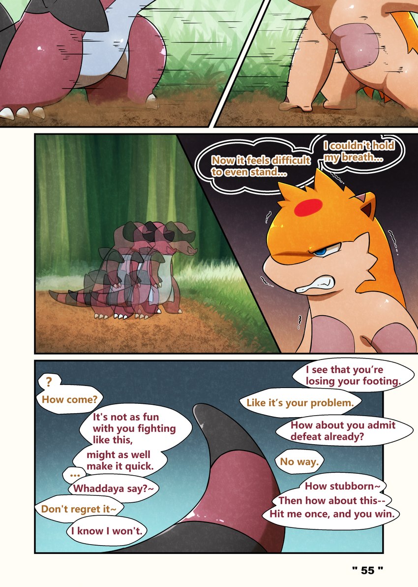 dialogue forest male plant speech_bubble text tree darrow0 nintendo pokemon mo_(darrow) yuel generation_2_pokemon generation_5_pokemon krookodile pokemon_(species) quilava comic english_text hi_res