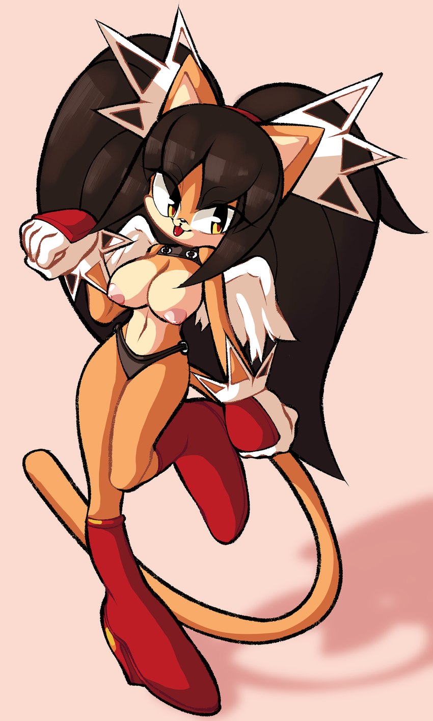 anthro areola bangs big_breasts black_hair breasts clothed clothing exposed_breasts female fur gloves hair handwear long_hair nipples panties solo tongue tongue_out topless twintails_(hairstyle) underwear yellow_body yellow_fur nanobutts sega sonic_the_fighters sonic_the_hedgehog_(series) honey_the_cat absurd_res hi_res