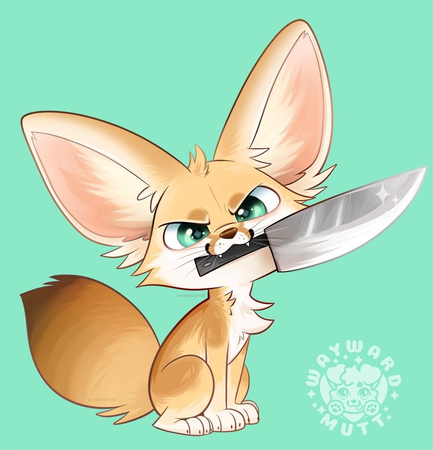 ambiguous_gender big_ears evil_grin feral knife knife_in_mouth looking_at_viewer object_in_mouth paws smile solo teeth ward whiskers waywardmutt canid canine fennec_fox fox mammal true_fox watermark