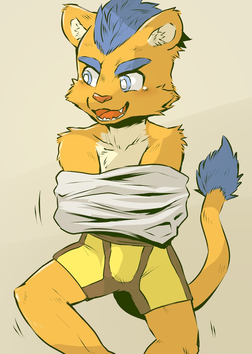 anthro blue_eyes blue_hair blush clothed clothing clothing_lift fur hair inner_ear_fluff male open_mouth shirt shirt_lift smile solo tail topwear tuft underwear yellow_body yellow_fur young young_male gabobon05 felid lion mammal pantherine absurd_res hi_res