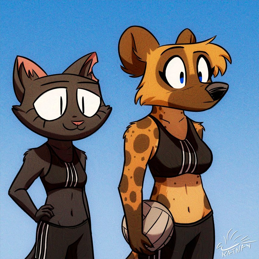 anthro athletic_wear ball big_breasts black_body black_eyes black_fur black_nose blue_eyes bra breast_size_difference breasts brown_body brown_fur cheek_tuft cleavage clothed clothing duo ear_scar ear_tuft eyebrows facial_tuft female fur gradient_background midriff navel outside pink_nose raised_eyebrow scar simple_background size_difference sky small_breasts smile sport sports_bra tan_body tan_fur tuft underwear volleyball volleyball_(ball) katnay sports_bra_difference_meme worn_down_children diana_machado lil_chatcendre domestic_cat felid feline felis hyena mammal 1:1 hi_res