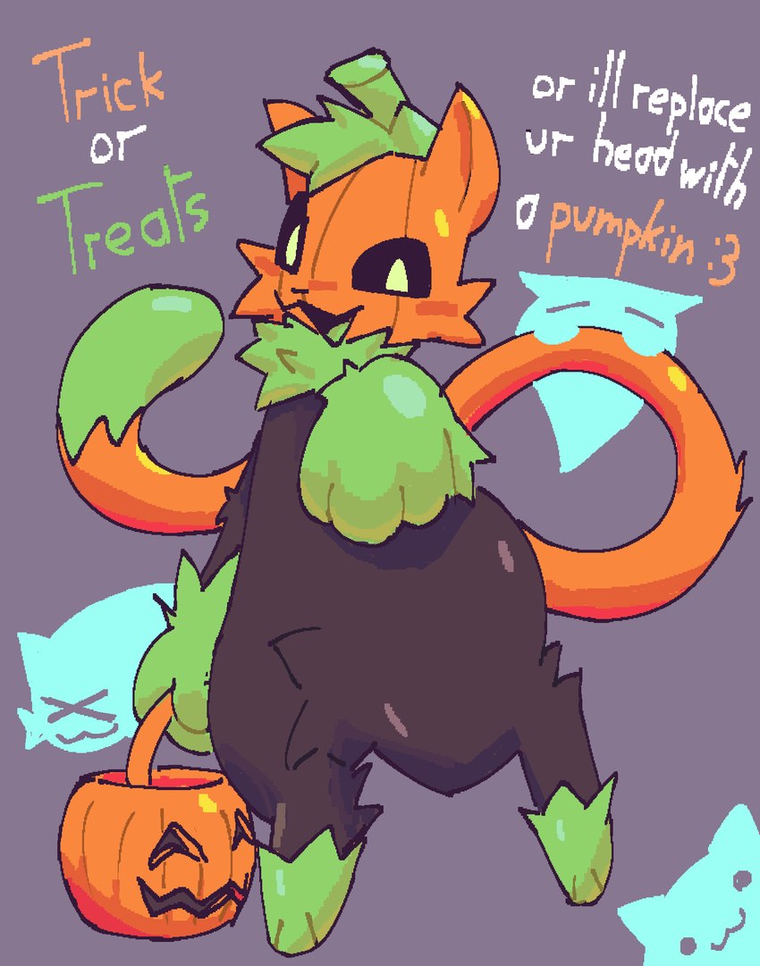 anthro big_butt black_eyes black_nose butt dark_body dark_fur dialogue feet food for_a_head fruit fur green_eyes green_feet green_paws holidays huge_thighs jack-o'-lantern long_tail male plant pumpkin pumpkin_head solo tail text thick_thighs threatening_viewer trick-or-treating sluggycreaturepuffy halloween pumkat canid canine ghost goo_creature mammal object_head spirit english_text hi_res