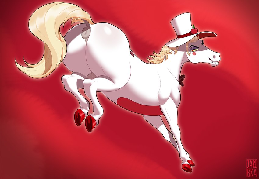 anus balls blonde_hair clothing dock_(anatomy) equine_anus feral feralized genitals grin hair hat headgear headwear looking_at_viewer male mane puffy_anus raised_tail red_background simple_background smile solo tail tail_anus white_body jaribka hazbin_hotel lucifer_(hazbin_hotel) equid equine horse mammal