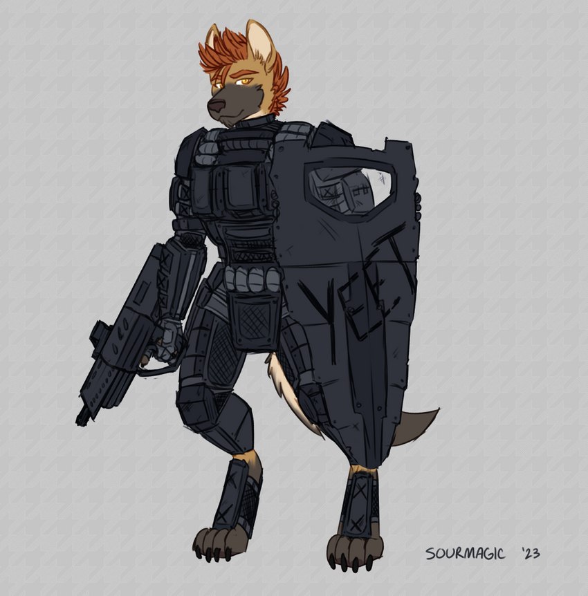 anthro armor brown_body brown_fur claws clothing fur gloves gun hair handwear male orange_hair pawpads paws ranged_weapon riot_gear riot_shield shield solo weapon yellow_eyes sourmagic hyena mammal