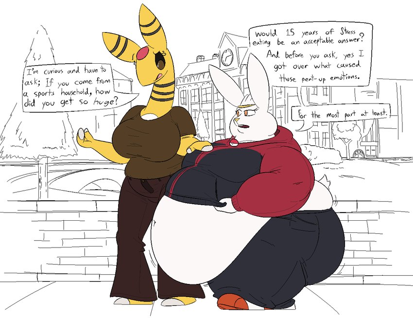 3_toes anthro asking_another barefoot bellbottoms belly belly_overhang big_belly big_breasts big_butt biped black_sclera black_stripes black_sweatpants breasts brick brick_wall bridge brown_clothing brown_shirt brown_topwear building butt button_(fastener) chubby_face clock clock_tower clothed clothed_anthro clothed_female clothing countershade_torso countershading deciduous_tree detailed_background duo evergreen_tree eyelashes facial_markings feet female female_anthro fingerless_(marking) fingerless_gloves_(marking) fingers forehead_markings fur gloves_(marking) grass head_markings hedge huge_belly huge_breasts huge_butt huge_thighs jewelry markings midriff mitten_hands morbidly_obese morbidly_obese_anthro morbidly_obese_female navel necklace no_pupils obese obese_anthro obese_female orange_eyes outside overweight overweight_anthro overweight_female park plant pokeball pokeball_necklace public rabbit_ears red_eyes red_spots red_toes shirt shrub sidewalk simple_background spots stripes tail text thick_thighs toeless_(marking) toes topwear tree walking wall_(structure) white_background white_body white_countershading white_ears white_fur white_tail white_toes yellow_body yellow_nose thatoneaceguy nintendo pokemon anne_(thatoneaceguy) jeannette_(thatoneaceguy) ampharos generation_2_pokemon generation_8_pokemon lagomorph mammal pokemon_(species) raboot 2020 aliasing digital_drawing_(artwork) digital_media_(artwork) english_text partially_colored