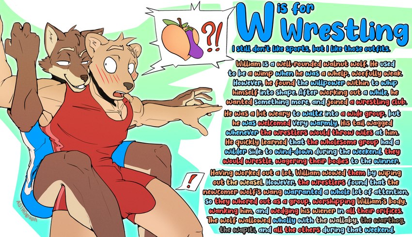 alliteration anthro anthro_on_anthro athletic athletic_anthro athletic_male blue_clothing blush brown_body brown_fur bulge clothed clothing competition detailed_bulge dialogue duo eggplant emoji erection erection_under_clothing exclamation_point food fruit fur genital_outline grappling grinding hot_dogging interrobang male male/male male_on_anthro multicolored_body multicolored_fur peach_(fruit) penis_outline phallic plant red_clothing sex sexual_competition sexual_fight sport tan_body tan_fur text two_tone_body two_tone_fur wrestler wrestling wrestling_singlet astrograph canid canine canis mammal mustelid musteline true_musteline weasel wolf 2021 digital_media_(artwork) english_text pictographics