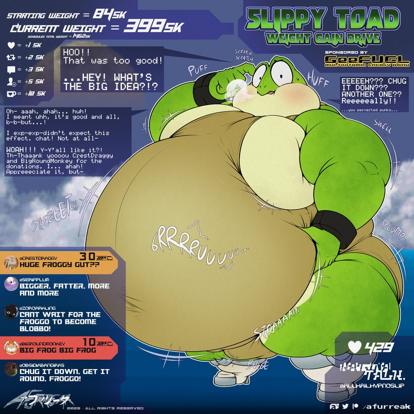 anthro belly belly_expansion belly_grab big_belly big_butt big_moobs blush bodily_fluids breath bulge butt clothing dialogue expansion green_body hand_on_belly huge_belly huge_thighs livestream love_handles male moobs motion_lines obese obese_anthro obese_male onesie onomatopoeia open_mouth overweight overweight_anthro overweight_male panting pink_tongue rumbling_stomach scratching_head shirt solo sound_effects speech_bubble stretching sweat sweatdrop tan_clothing tank_top text thick_thighs tongue topwear weight_gain weight_gain_drive weight_gain_sequence wrestling_singlet afurreak nintendo star_fox slippy_toad amphibian frog 2023 absurd_res english_text hi_res