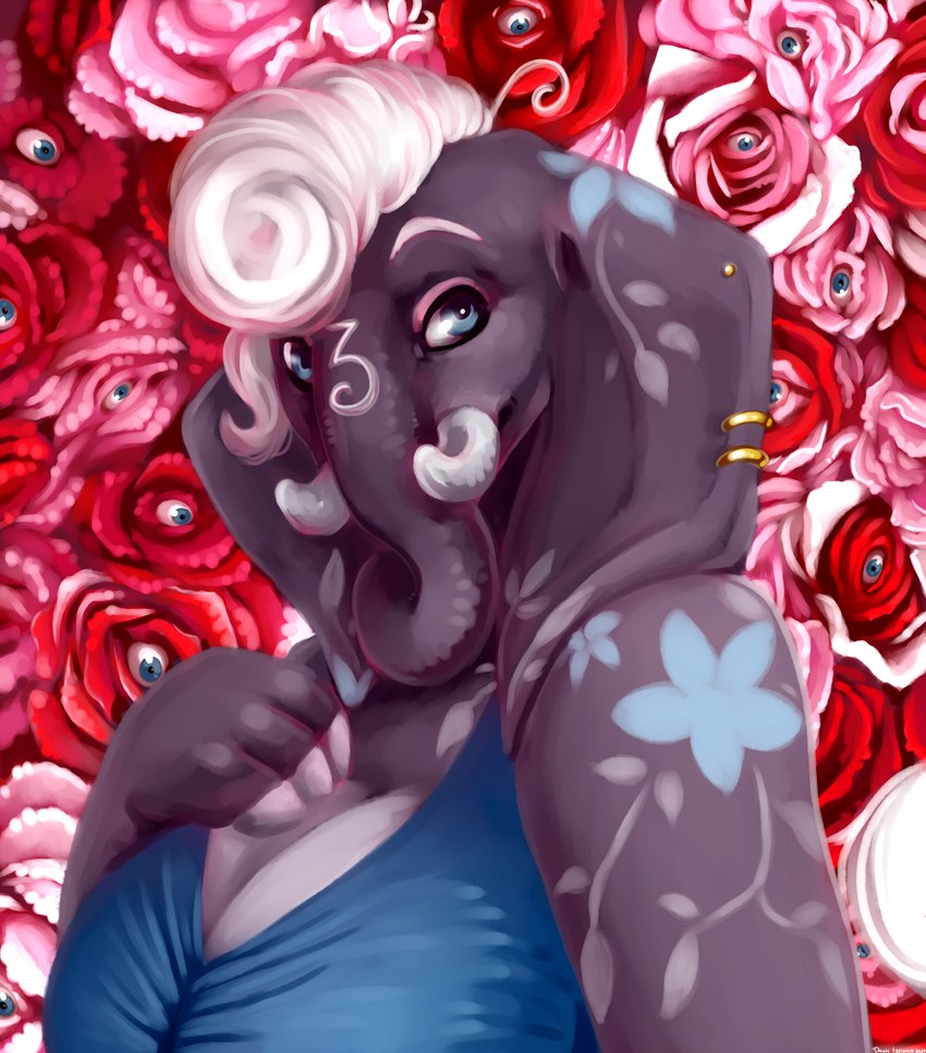 anthro arm_tattoo female flower grey_body makeup piercing plant pompadour proboscis_(anatomy) rose_(flower) solo surreal_bg tattoo trunk_(anatomy) tusks danji-isthmus rose_(danji-isthmus) elephant elephantid mammal proboscidean digital_media_(artwork) digital_painting_(artwork) hi_res