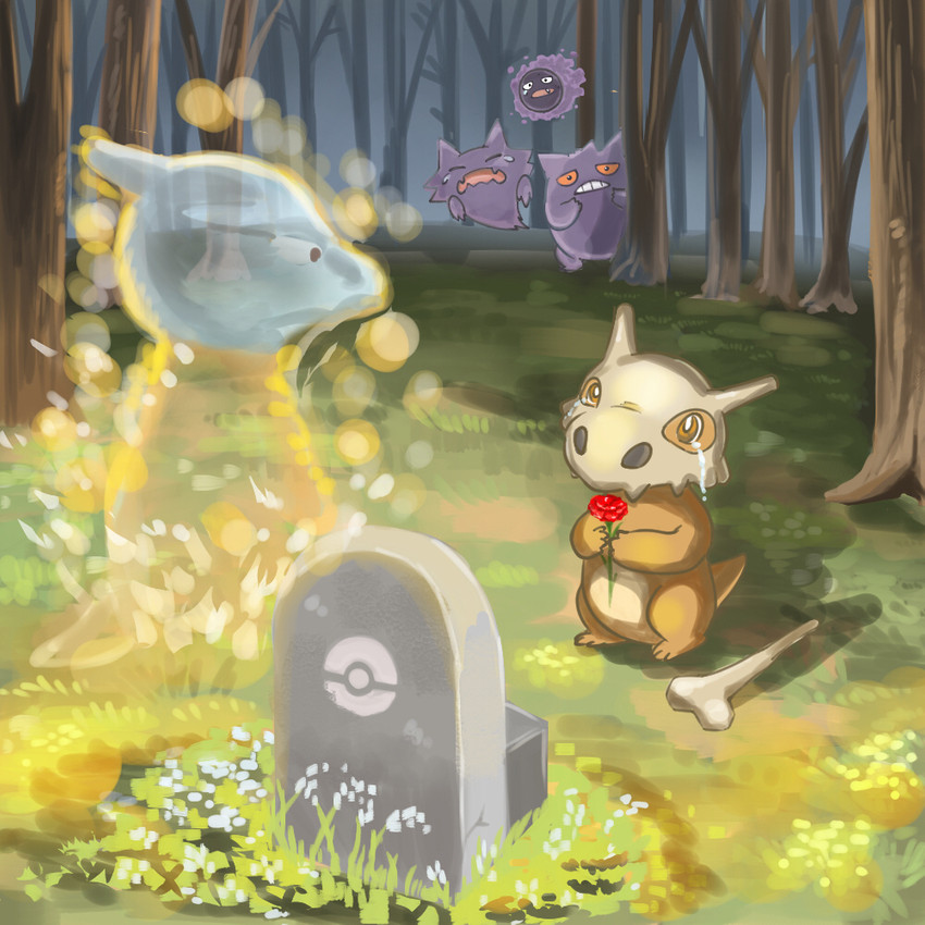 ambiguous_gender anthro bodily_fluids bone crying duo_focus feral flower grass grave grief group holding_flower holding_object mask mourning outside plant skull skull_mask tears tree goritank nintendo pokemon cubone gastly generation_1_pokemon gengar ghost haunter mammal marowak pokemon_(species) scalie spirit 1:1