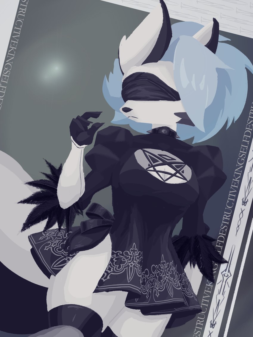 anthro blindfold bow_ribbon cleavage_cutout clothing collar cutout dress feathers female frown fur gloves hair handwear legwear mashup occult_symbol pentagram short_hair simple_background solo spiked_collar spikes stockings symbol text thick_thighs translucent translucent_clothing white_body white_fur selfdestructking helluva_boss mythology nier_automata platinumgames loona_(helluva_boss) yorha_2b canid canid_demon canine demon hellhound mammal mythological_canine mythological_creature english_text hi_res portrait three-quarter_portrait