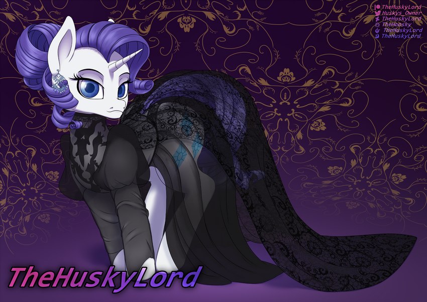 black_clothing black_dress clothing cutie_mark dress embroidery horn jewelry looking_at_viewer smile solo translucent translucent_clothing translucent_dress thehuskylord friendship_is_magic hasbro my_little_pony mythology rarity_(mlp) equid equine horse mammal mythological_creature mythological_equine pony unicorn hi_res