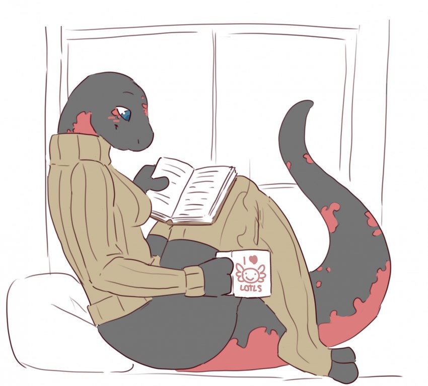 anthro black_body black_tail blue_eyes book closed_smile clothing container cup female glistening glistening_eyes holding_book holding_container holding_cup holding_mug holding_object legwear mouth_closed mug reading reading_book red_body red_tail side_view sitting smile solo tail tan_clothing tan_legwear tan_topwear topwear hardscales kira_(kira) amphibian newt salamander hi_res