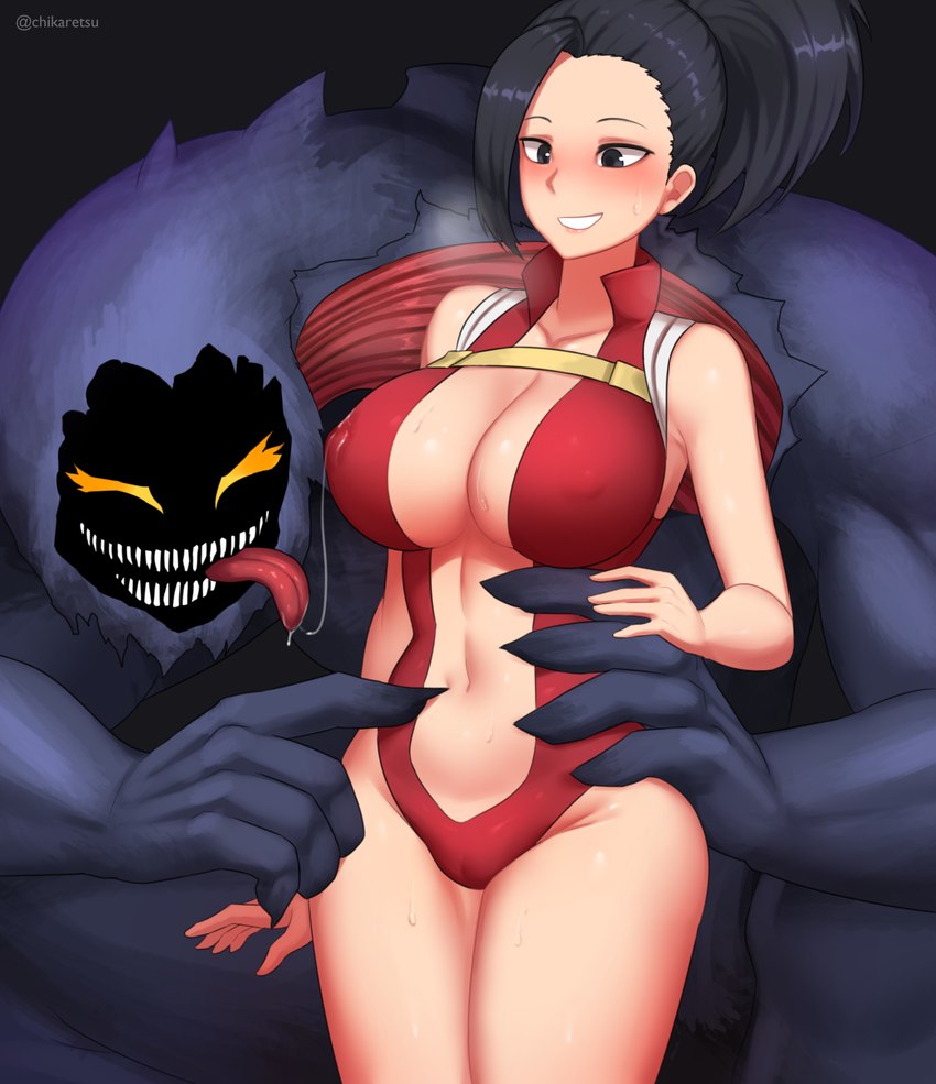 big_breasts black_hair blush bodily_fluids breasts clothed clothing duo female hair interspecies male male/female nipples one-piece_swimsuit open_mouth saliva saliva_on_breasts saliva_string simple_background smile swimwear teeth tongue chikaretsu my_hero_academia momo_yaoyorozu human humanoid mammal monster nomu digital_media_(artwork) hi_res