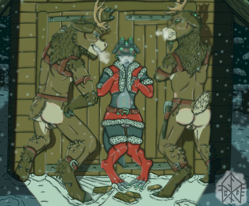 angry anthro antlers armwear axe balls balls_blush belly_blush belt blue_body blush body_blush bottomwear brown_body brown_fur butt christmas_clothing claws clothed clothing cornered crossdressing elbow_gloves erection erection_under_skirt evergreen_tree feet femboy fertility_rune fertility_tattoo finger_claws fingers firewood forest fur genitals gloves green_claws green_eyes green_horn green_markings group handwear holidays hooved_fingers hooved_toes hooves horn imminent_anal imminent_oral imminent_rape imminent_sex imposing jewelry knock-kneed legwear light looking_at_another looking_at_genitalia looking_at_penis male male/male markings miniskirt nude open_mouth partially_clothed penis pine_tree plant red_armwear red_clothing red_elbow_gloves red_gloves red_handwear red_legwear red_miniskirt red_thigh_highs scared size_difference skimpy skirt snow storage_room submissive tail teeth thigh_highs toe_claws toes tongue tree trio wood dynoddiprydain christmas mythology freyr cervine deer dragon hybrid kobold mammal mythological_creature mythological_scalie new_world_deer reindeer scalie digital_media_(artwork) lighting story story_in_description