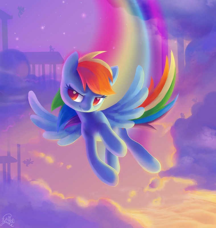 blue_body blue_feathers blue_fur cloudsdale cutie_mark feathered_wings feathers female feral fur hair multicolored_hair multicolored_tail purple_eyes rainbow_hair rainbow_tail solo tail wings celebi-yoshi friendship_is_magic hasbro my_little_pony mythology rainbow_dash_(mlp) equid equine mammal mythological_creature mythological_equine pegasus absurd_res hi_res