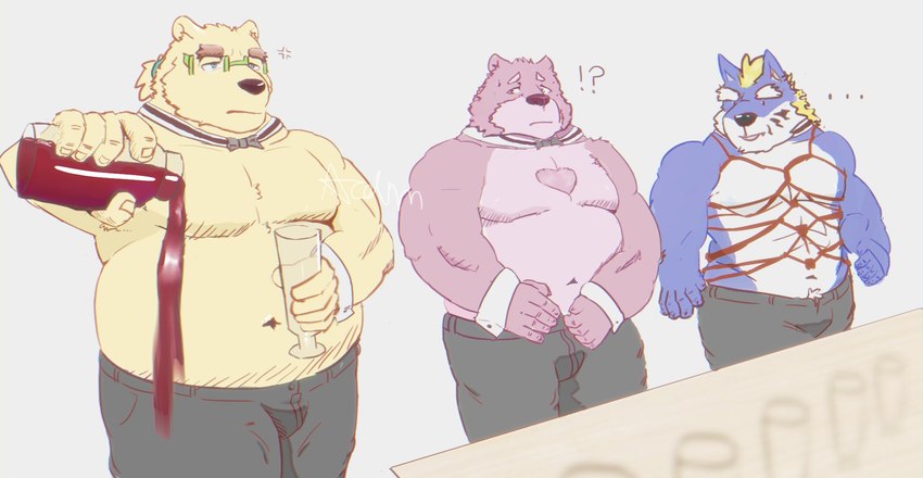 anthro bdsm belly bondage bottomwear bound clothing exclamation_point group humanoid_hands kemono male navel overweight overweight_male pants question_mark restraints rope rope_bondage rope_harness acdim lifewonders tokyo_afterschool_summoners fenrir_(tas) jambavan_(tas) leib_(tas) bear canid canine canis mammal wolf 2021 hi_res