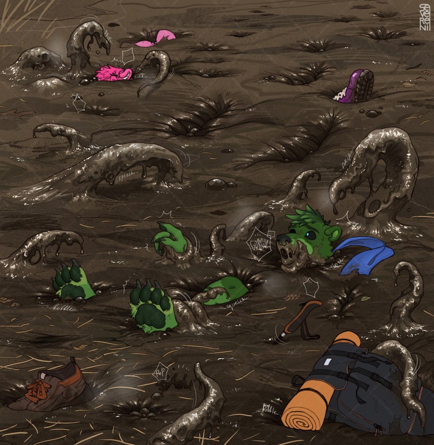 anthro backpack clothing duo female footwear fur gear green_body green_fur gurgle_(sound_effect) hiking male mud open_mouth pink_body pink_fur quicksand shoes sinking tentacles severeni bear mammal 2023 hi_res