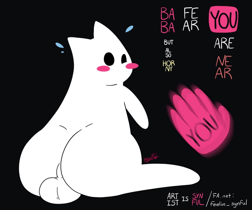 balls big_butt black_background blush bodily_fluids butt butt_focus disembodied_hand duo feral fur genitals impending_spank male nude simple_background sitting text white_body conditional_dnp feelin_synful baba_is_you baba bovid caprine mammal digital_media_(artwork) english_text