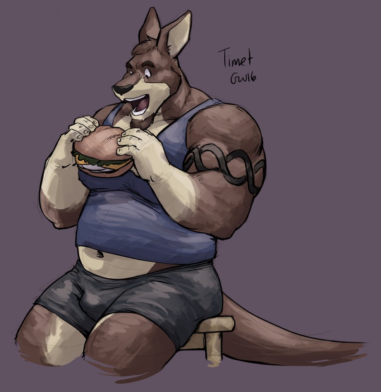 anthro athletic biceps big_muscles bottomwear brown_background clothed clothing facial_hair food fur hair male muscular muscular_anthro muscular_male open_mouth pecs sandwich_(food) shirt shorts simple_background smile solo tank_top tattoo topwear captaingerbear luxordtimet ozzy_fitch kangaroo macropod mammal marsupial hi_res