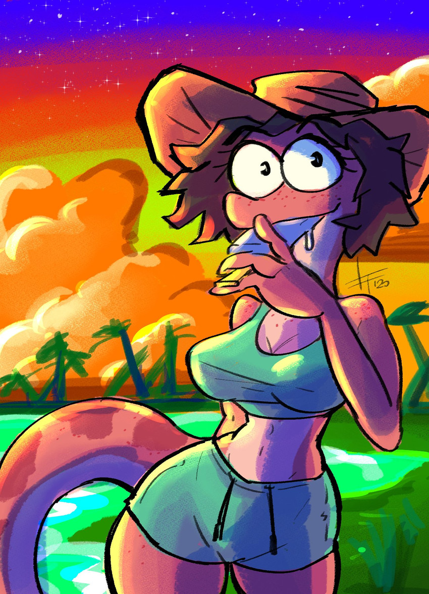 anthro bottomwear breasts cleavage clothed clothing female food freckles hat headgear headwear midriff popsicle sea_salt_ice_cream shorts solo summer sun_hat thedarkzircon amphibia_(series) disney bella_(amphibia) amphibian newt salamander 2020 hi_res