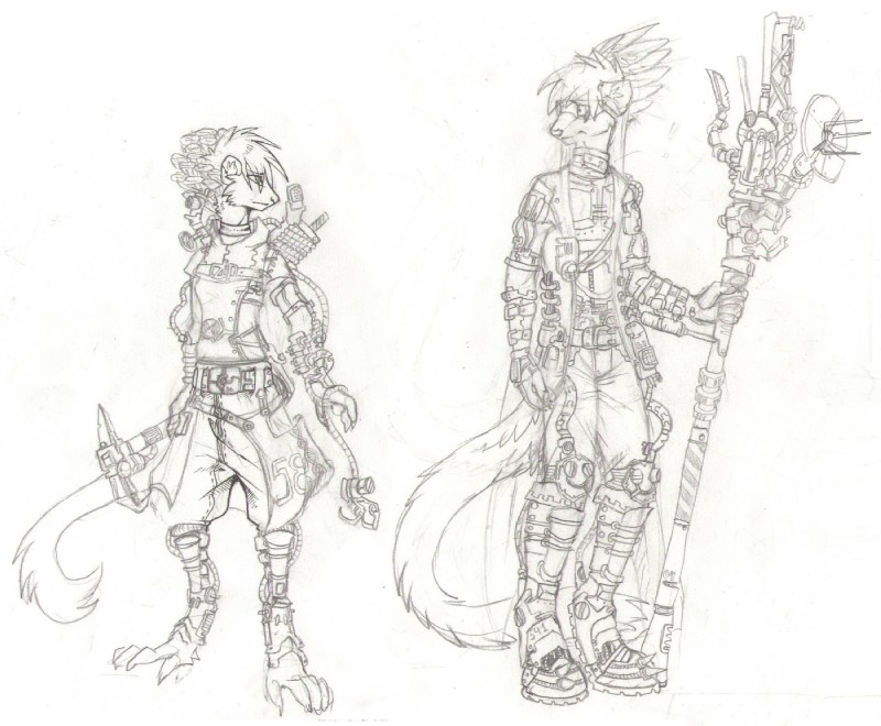 alternative_fashion anthro armor bound clothing cybernetics cyberpunk duo eyewear feathers female fungus glasses hair legwear long_hair machine male melee_weapon mushroom paws polearm staff steampunk stockings tail weapon grostenmeiers aita richter mammal mustelid musteline stoat true_musteline weasel implants_(disambiguation)