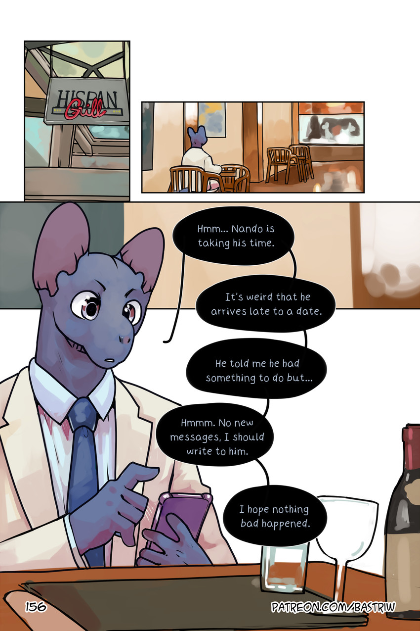 alcohol anthro beverage biped clothed clothing container cup dialogue drinking_glass electronics formal_wear fully_clothed glass glass_container glass_cup looking_at_object looking_at_phone male phone restaurant solo text wine wine_bottle wine_glass worried_for_other bastriw pato_(bastriw) domestic_cat felid feline felis mammal 2:3 comic english_text hi_res