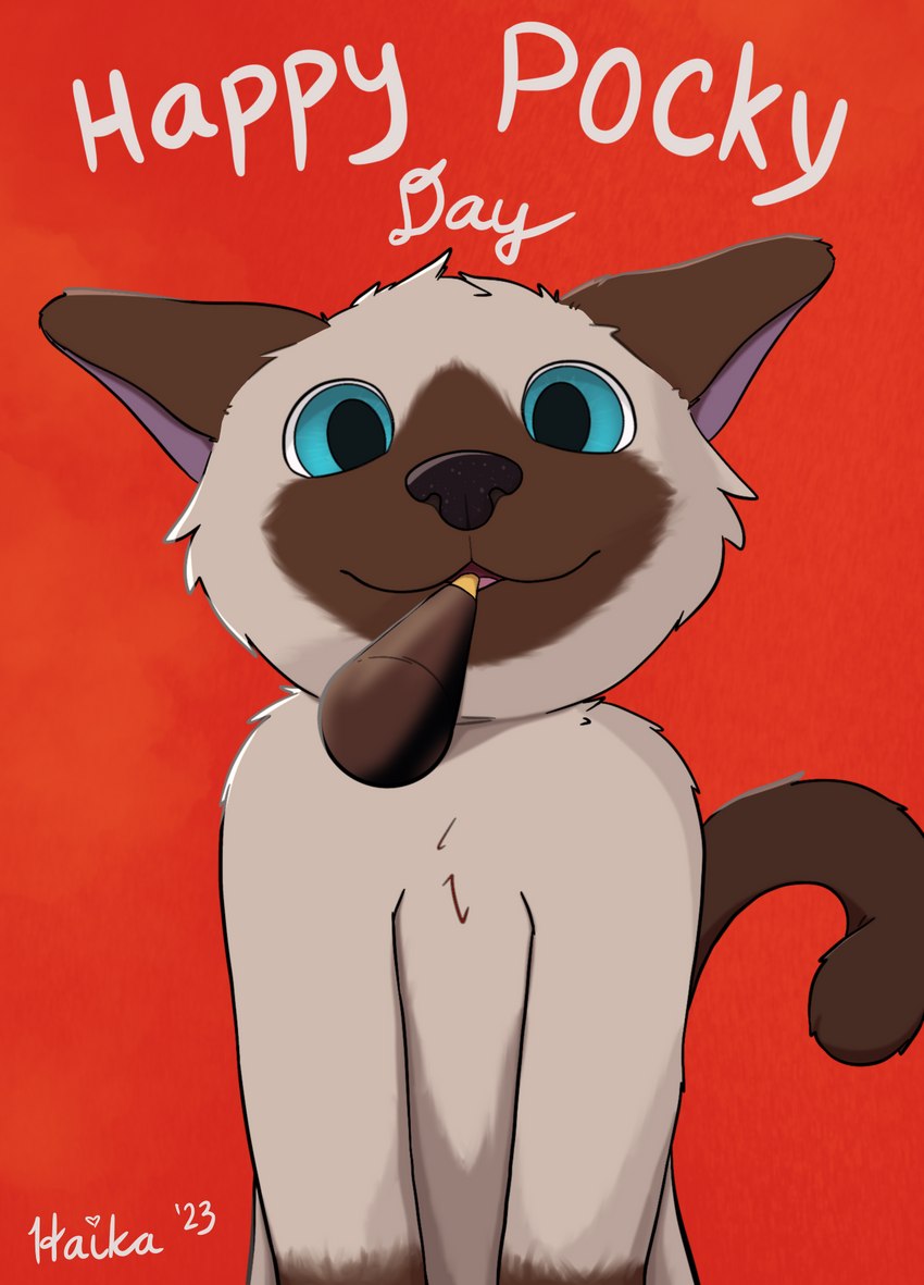 ambiguous_gender anthro candy chocolate dessert food happy red_background simple_background solo haika pocky pocky_and_pretz_day domestic_cat felid feline felis mammal siamese 2023 hi_res