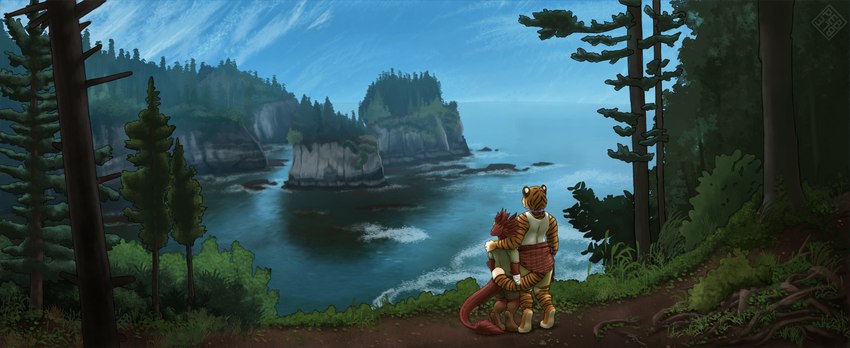 anthro clothed clothing duo female forest garu_cawbold hug landscape male outside plant pnw sea tree water pebblemakes krinn felid kobold mammal pantherine reptile scalie tiger absurd_res hi_res