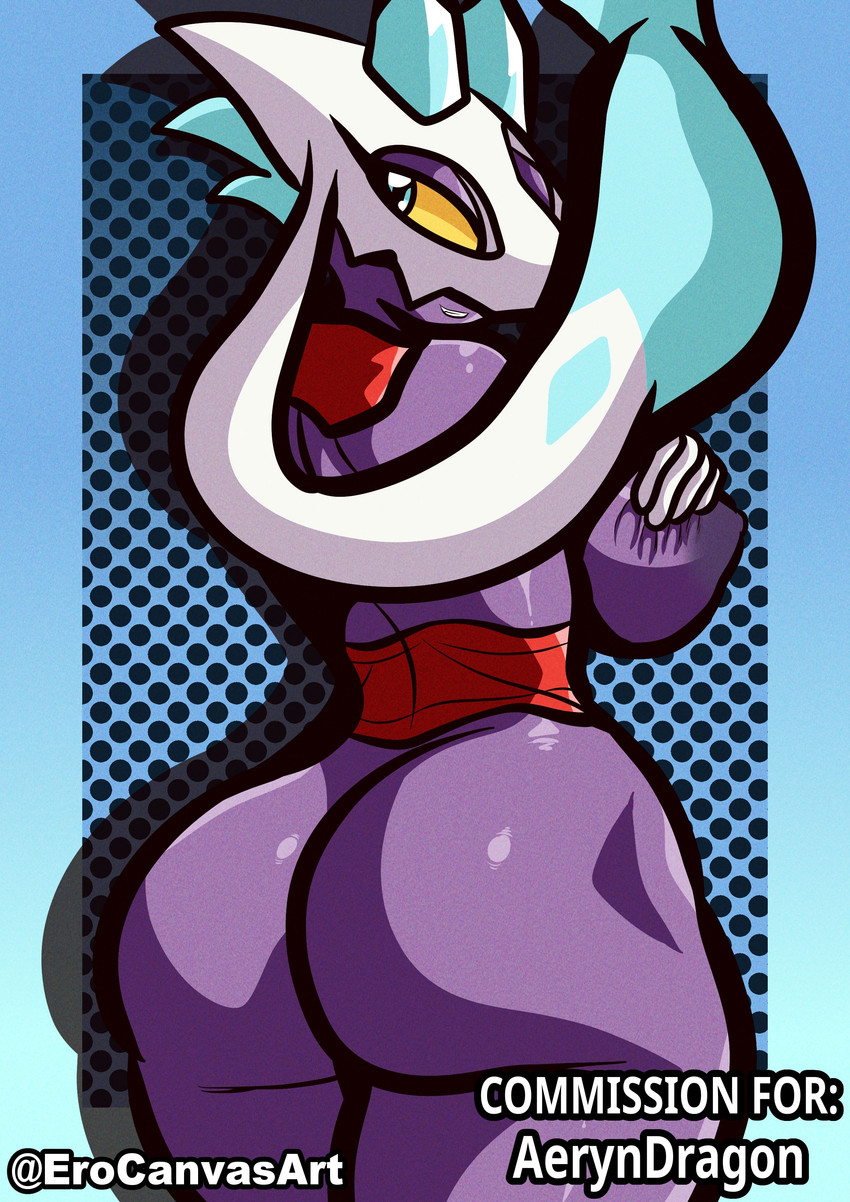 anthro anthrofied areola big_breasts big_butt blue_eyes breasts butt female from_behind_position gradient_background holding_breast huge_breasts huge_butt looking_back nipples pokemorph pupils purple_areola purple_body purple_nipples sex simple_background solo text thick_thighs wide_hips cabimangaka erocanvasart game_freak nintendo pokemon froslass generation_4_pokemon humanoid pokemon_(species) spirit absurd_res commissioner_name hi_res screentone signature