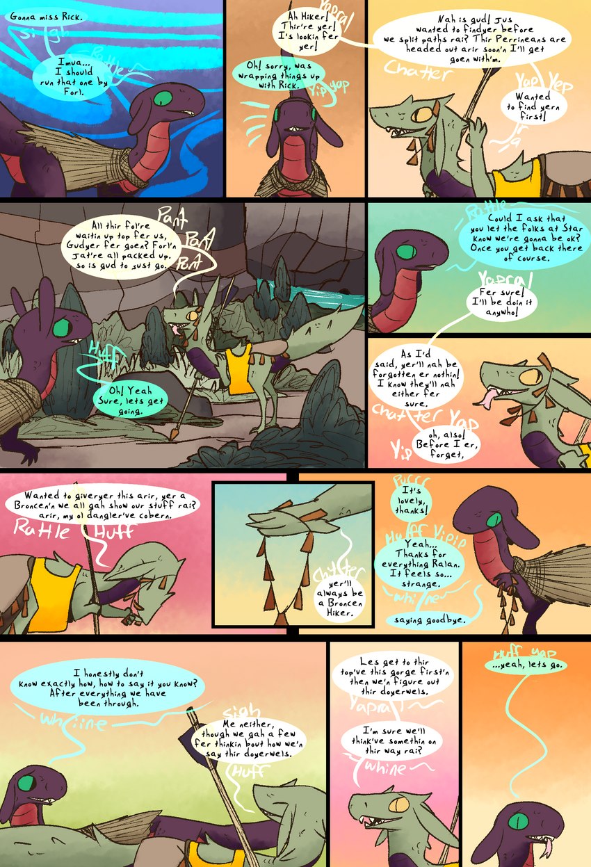 canyon desert duo female feral gift goodbye post-apocalyptic text tribal tribal_clothing thepatchedragon dragonscape mythology hiker_(thepatchedragon) ralan_(thepatchedragon) dinosaur dragon drekir dromaeosaurid mythological_creature mythological_scalie prehistoric_species reptile scalie theropod absurd_res comic hi_res