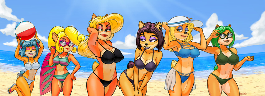 anthro ball beach beach_ball bedroom_eyes big_breasts bikini bodyboard breasts clothed clothing eyewear female footwear group hat headgear headwear inflatable narrowed_eyes sandals seaside seductive shoes sunglasses swimwear two-piece_swimsuit zaboom activision crash_bandicoot_(series) crash_team_racing_(series) crash_team_racing_nitro-fueled ami_bandicoot coco_bandicoot isabella_bandicoot liz_bandicoot megumi_bandicoot tawna_bandicoot bandicoot mammal marsupial