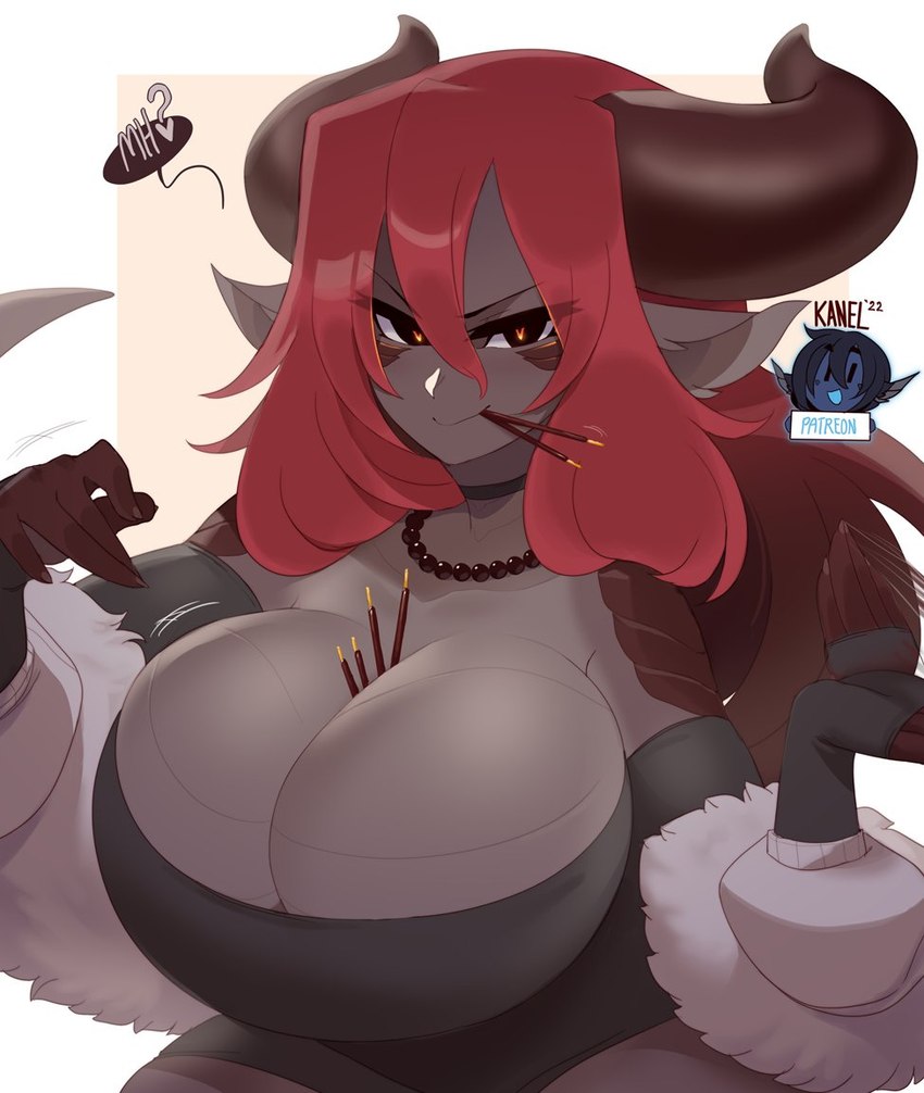 big_breasts breasts cleavage clothed clothing female food hair huge_breasts jewelry necklace red_hair solo kanel mythology sinder animal_humanoid dragon dragon_humanoid humanoid mythological_creature mythological_scalie scalie