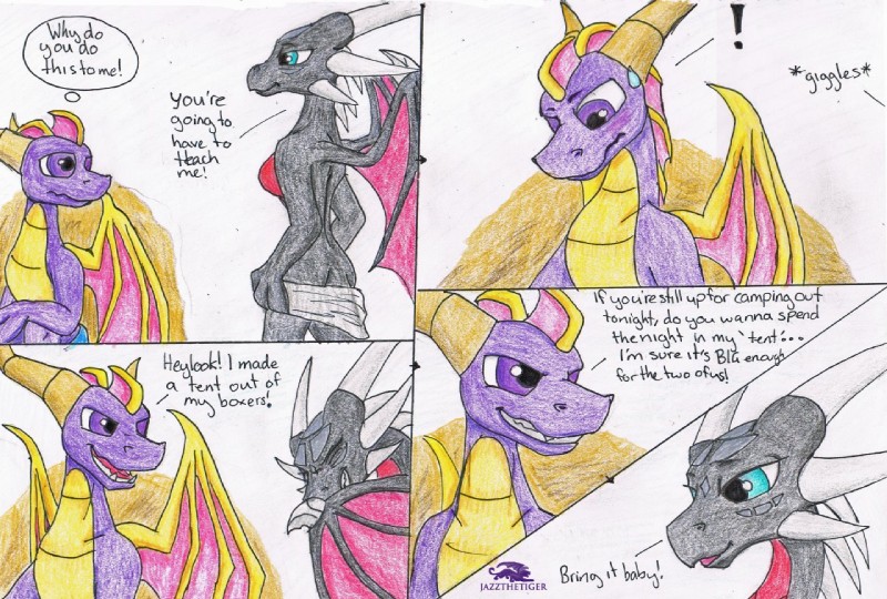 anthro blush clothing dialogue embarrassed female green_eyes happy horn humor implied_erection laugh male membrane_(anatomy) membranous_wings purple_body purple_eyes smile suggestive text undressing wings jazzthetiger activision mythology spyro_the_dragon cynder spyro dragon mythological_creature mythological_scalie scalie comic english_text source_request