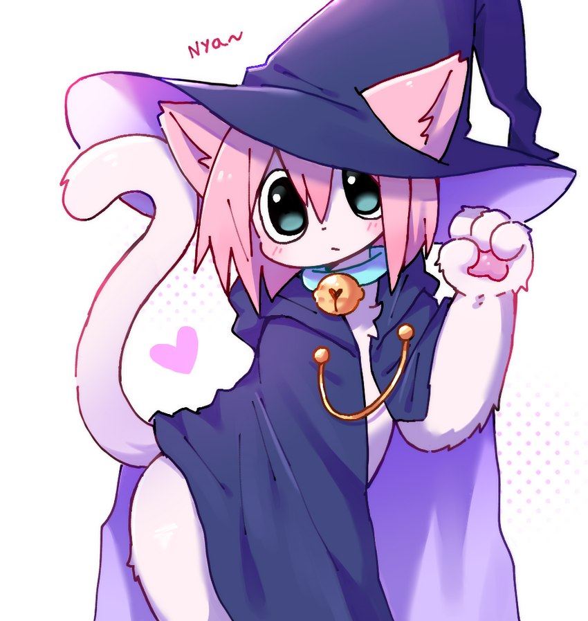 4_fingers ambiguous_gender anthro bell bell_collar big_hat biped blue_cloak blue_clothing blue_eyes blue_hat blue_headwear blush cloak clothed clothing collar fingers fur hair hat headgear headwear heart_symbol kemono looking_at_viewer magic_user monotone_hair monotone_tail multicolored_body multicolored_fur pawpads pink_body pink_ears pink_fur pink_hair pink_inner_ear pink_pawpads raised_tail short_hair side_view simple_background solo standing tail tail_under_skirt tail_upskirt two_tone_body two_tone_fur upskirt white_background white_body white_fur white_tail wizard_hat young young_anthro non_nya_nya domestic_cat felid feline felis mammal 2023 colored digital_media_(artwork) portrait shaded three-quarter_portrait male_(lore)