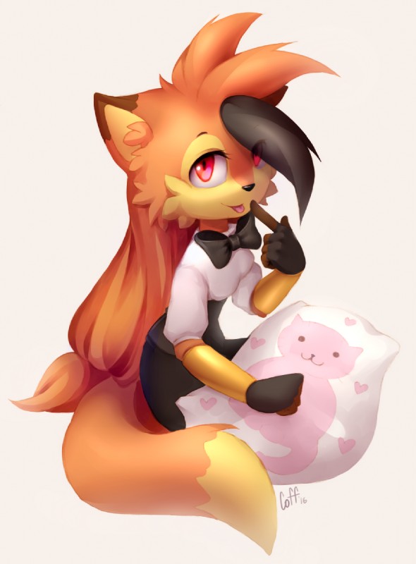 anthro clothed clothing female fur hair looking_at_viewer pillow simple_background solo tongue tongue_out coff canid canine fox mammal