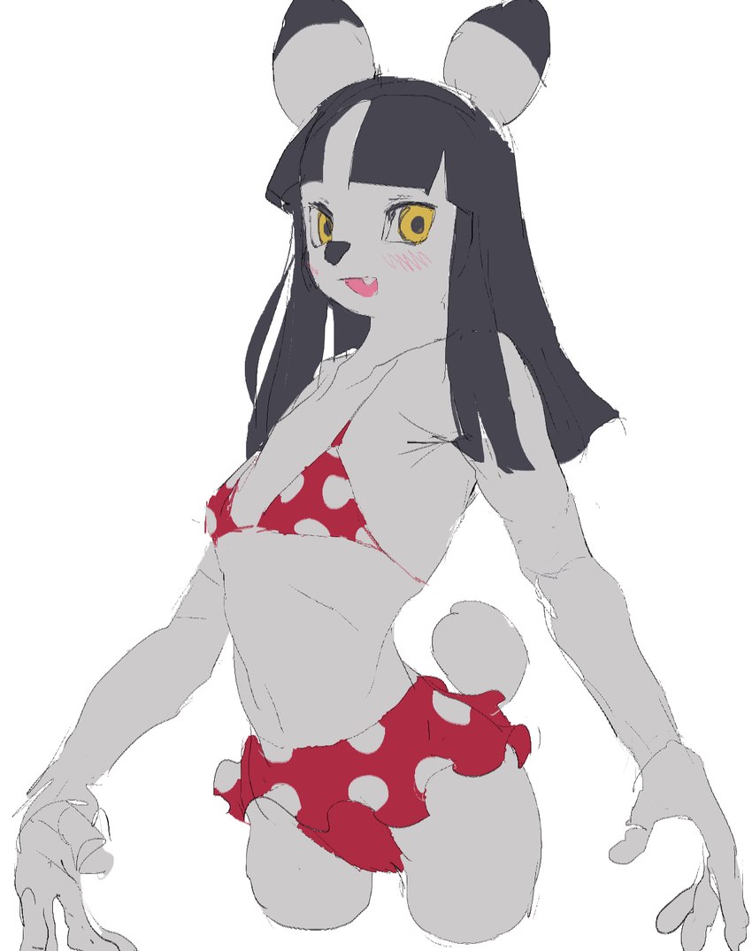 anthro bangs bikini biped black_hair blush bottomwear clothing fangs female fur hair long_hair looking_at_viewer open_mouth skirt solo swimwear tail teeth two-piece_swimsuit koki mammal digital_drawing_(artwork) digital_media_(artwork) hi_res portrait three-quarter_portrait