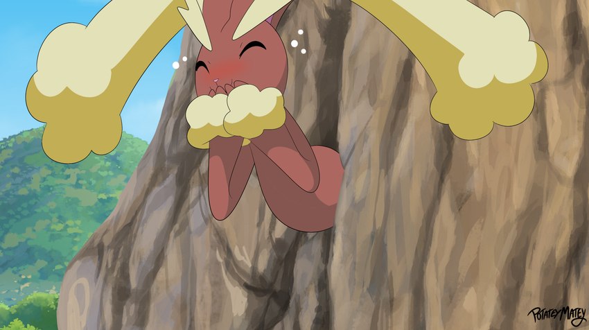 blush brown_body brown_fur cloud eyes_closed female fur giggling hands_over_mouth laugh pink_eyes rock stuck through_wall tickling yellow_body yellow_fur potateymatey nintendo pokemon generation_4_pokemon lagomorph lopunny mammal pokemon_(species) hi_res