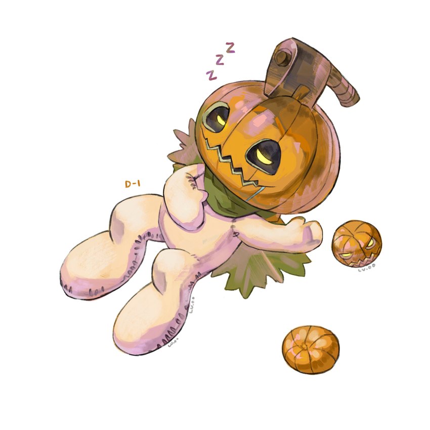 anthro axe cape clothing for_a_head male pumpkin_head simple_background sleeping solo sound_effects stitch_(sewing) vowelless vowelless_sound_effect white_background zzz level004 bandai_namco digimon digimon_(species) object_head pumpkinmon 1:1 absurd_res hi_res