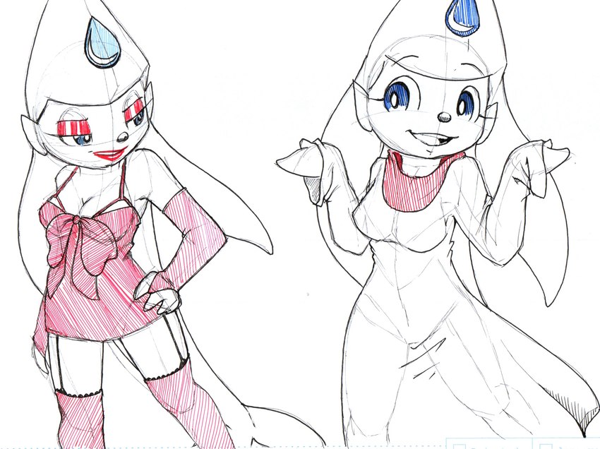 anthro blue_eyes breasts cleavage clothed clothing confident_female costume coy dress duo female flipper_hands forehead_gem gem lingerie lipstick looking_at_self makeup overalls red_scarf scarf simple_background smile standing tail tentacles white_background dragonlordfluffyxd zahra_(dragonlordfluffyxd) marine siren guide_lines hi_res sketch