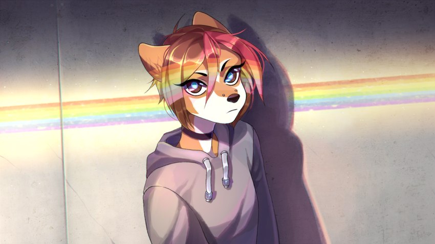 anthro blue_pupils brown_eyes brown_hair choker clothing facial_piercing female fur furgonomics furry-specific_piercing grey_body grey_clothing grey_fur grey_hoodie grey_topwear grey_wall hair hoodie jewelry looking_at_viewer muzzle_piercing necklace nose_piercing orange_body orange_fur piercing pupils rainbow red_hair solo topwear wall_(structure) rokito canid canine canis domestic_dog mammal 16:9 2018 widescreen